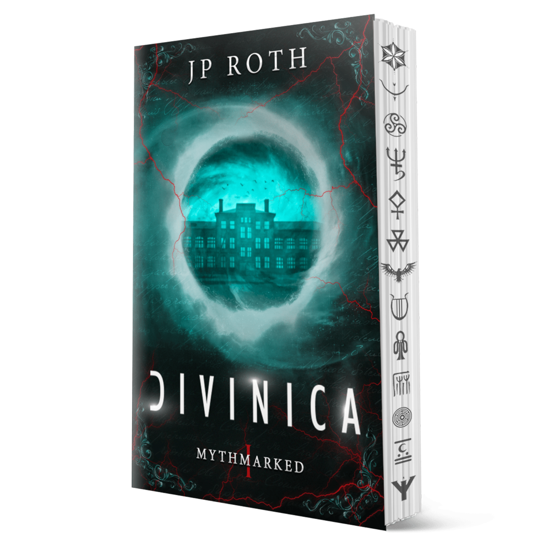Book cover of 'Divinica' by JP Roth featuring a haunted house silhouette.