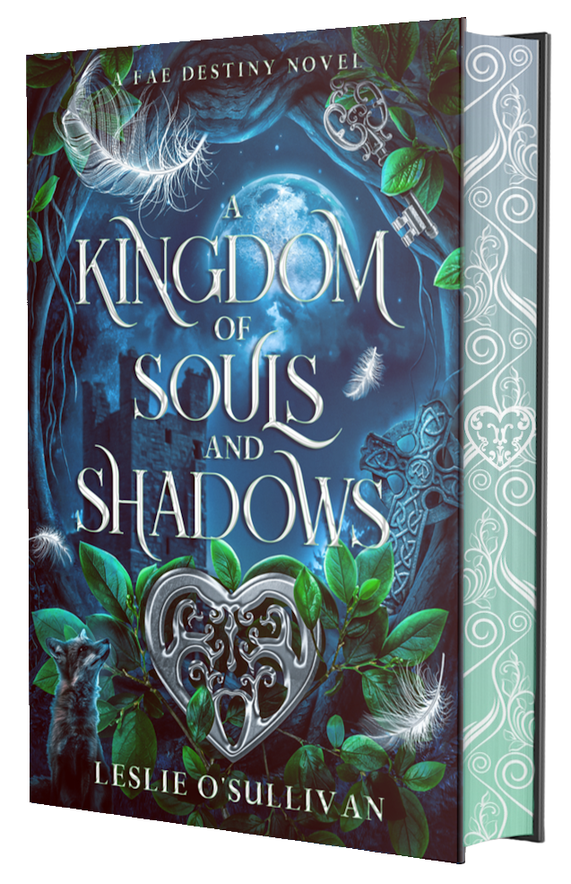 Blue and green book cover for A Kingdom of Souls and Shadows with 3D edges