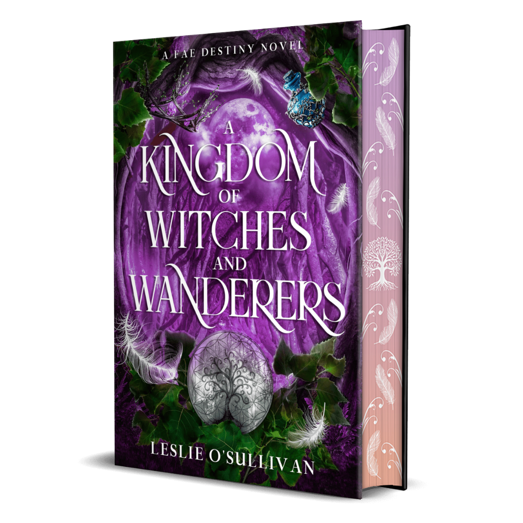 Book cover of 'A Kingdom of Witches and Wanderers' by Leslie O'Sullivan with purple and green design.