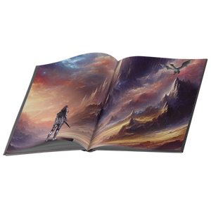 End paper of a fantasy scene of a female warrior and dragon with a mountain background