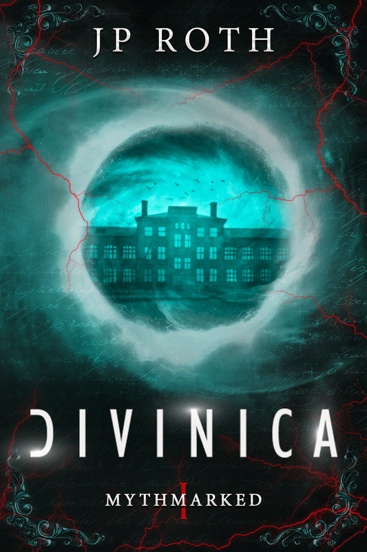 Book cover of 'Divinica' by JP Roth featuring a haunted house silhouette.